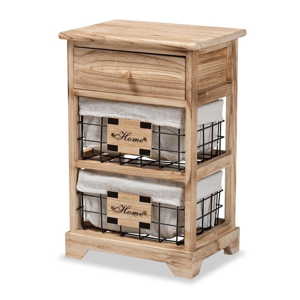 Baxton Studio Madra Modern and Contemporary Oak Brown Finished Wood and 1-Drawer Nightstand with Baskets